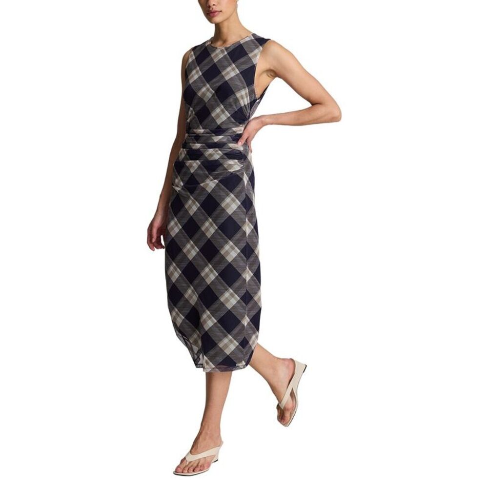 Kenneth Cole Womens Printed Mesh Side Ruched Midi Dress, Blue